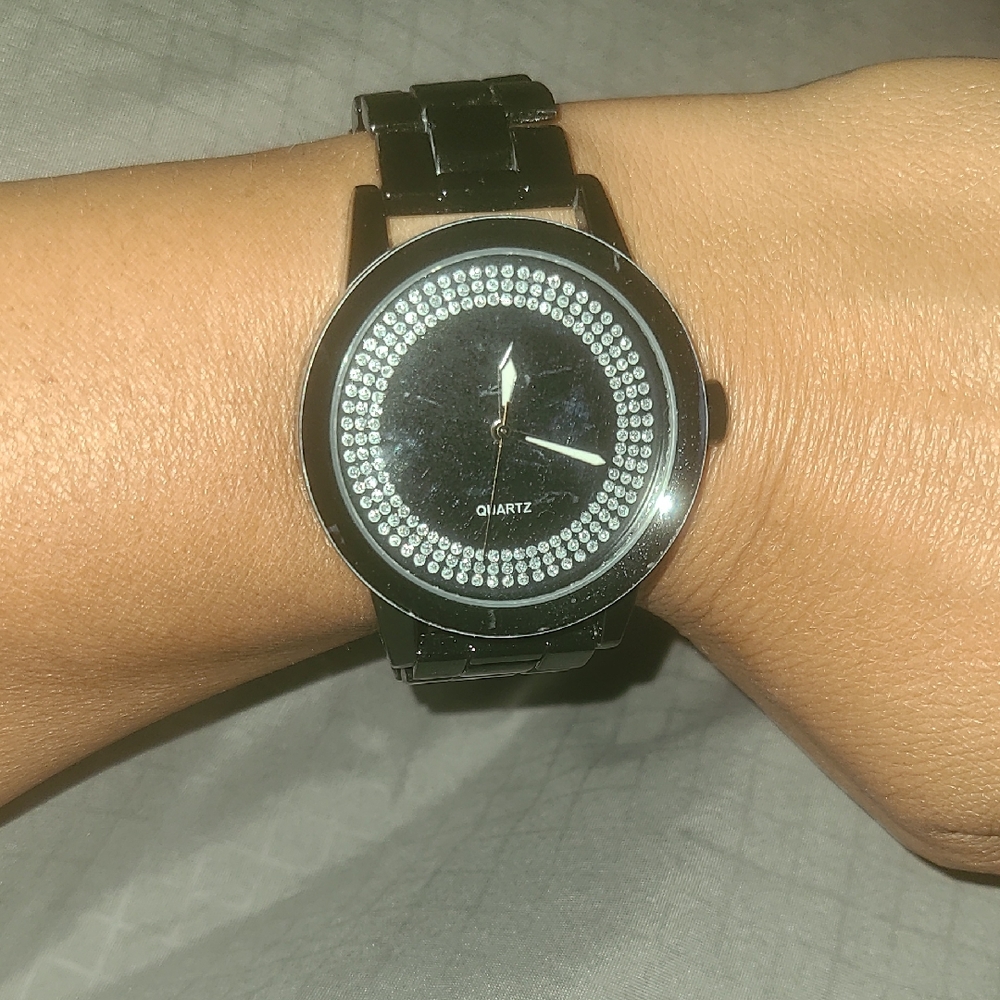 Black Quartz Watch with Crystal Accents